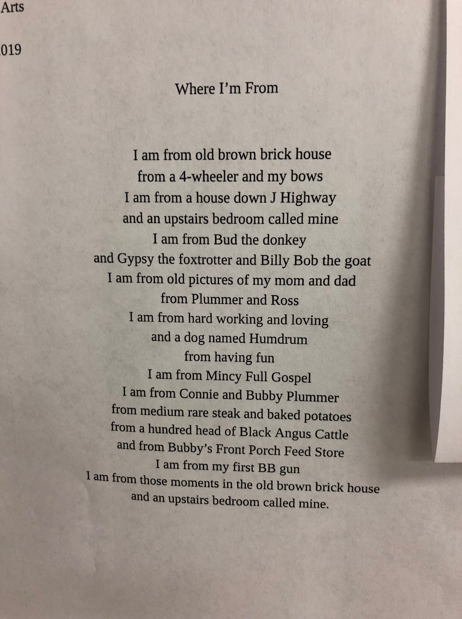 A "Where I'm From" poem written by a middle school student